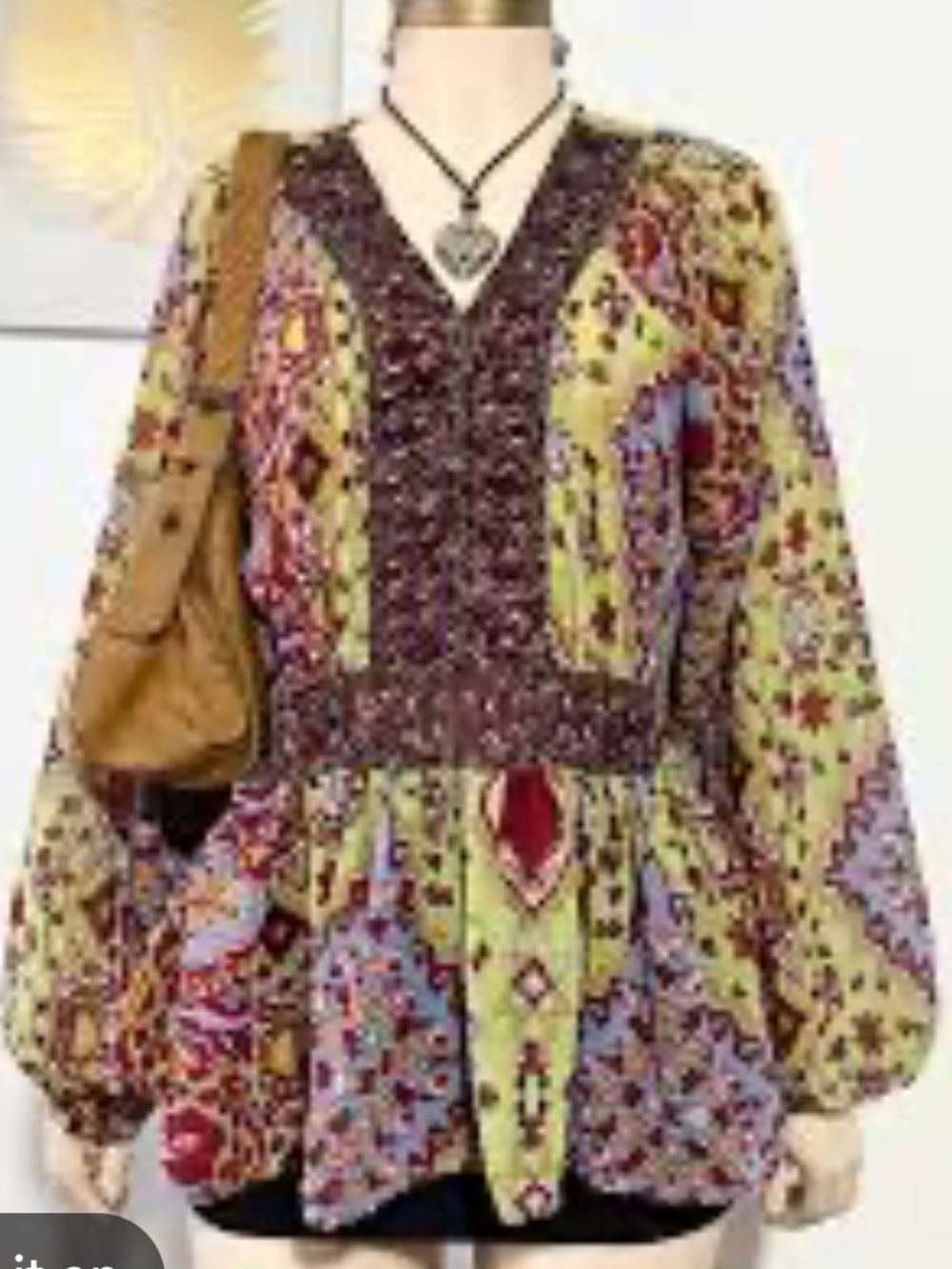 Bohemian Printed V-Neck Peasant Top in Yellow & Purple - Picture 2 of 5